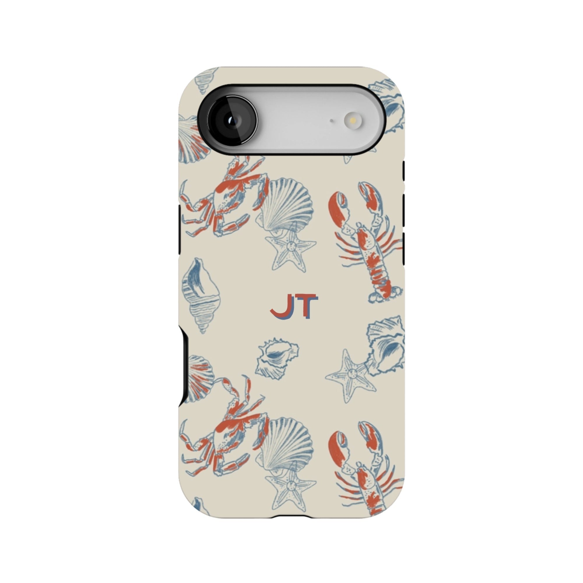 Mariner personalized iPhone case featuring a cream background with crab, lobster, and shell illustrations.