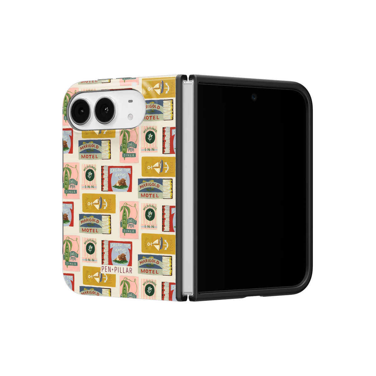 Matchbooks iPhone 18 Duo case on a half-open iPhone 18 Duo, angled view