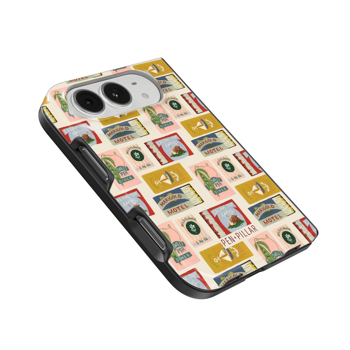 Matchbooks iPhone 18 Duo case, angled view showing the camera surround and side buttons