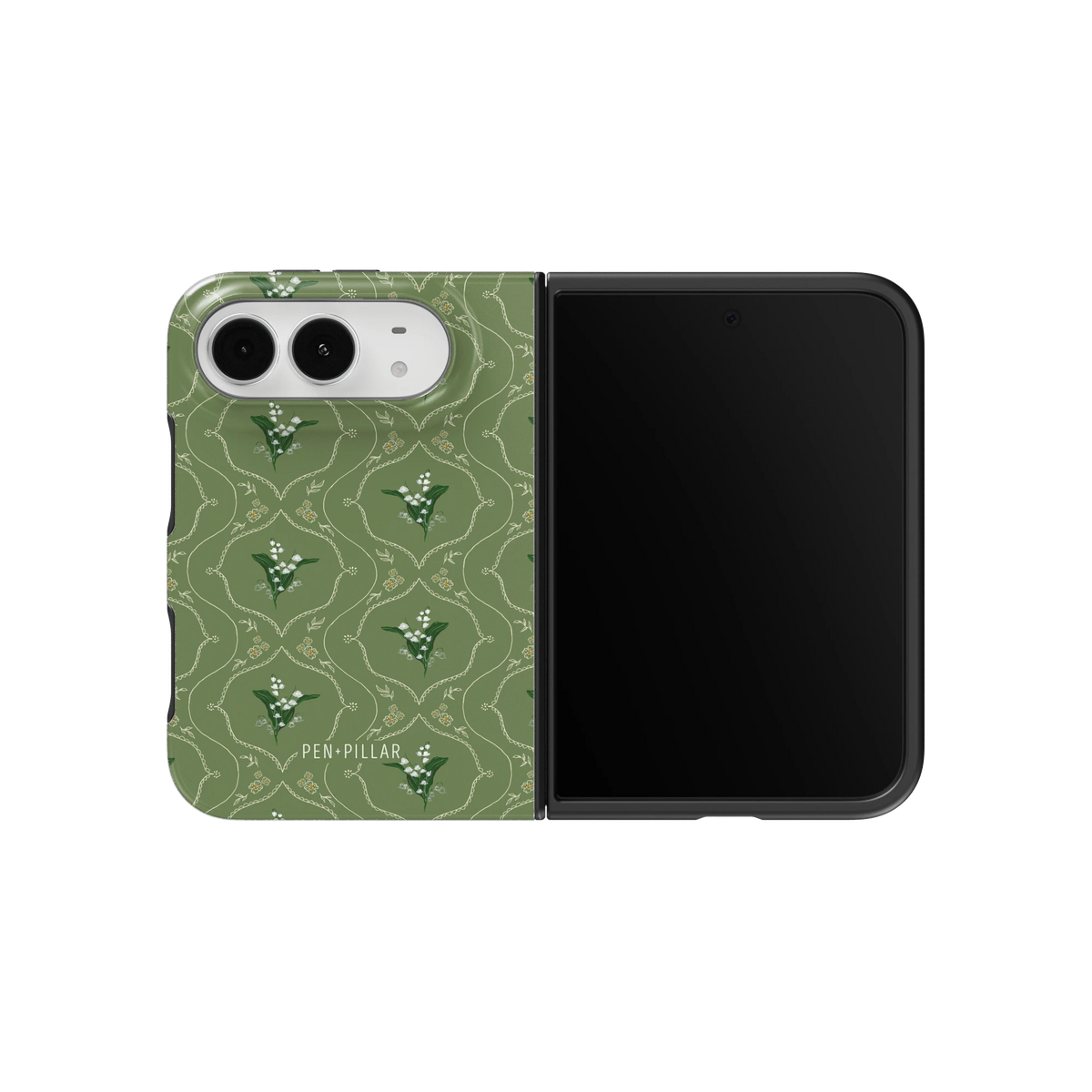 May Birth Month iPhone 18 Duo case on an unfolded iPhone 18 Duo, back and screen side by side: lily of the valley sprigs on a sage green trellis