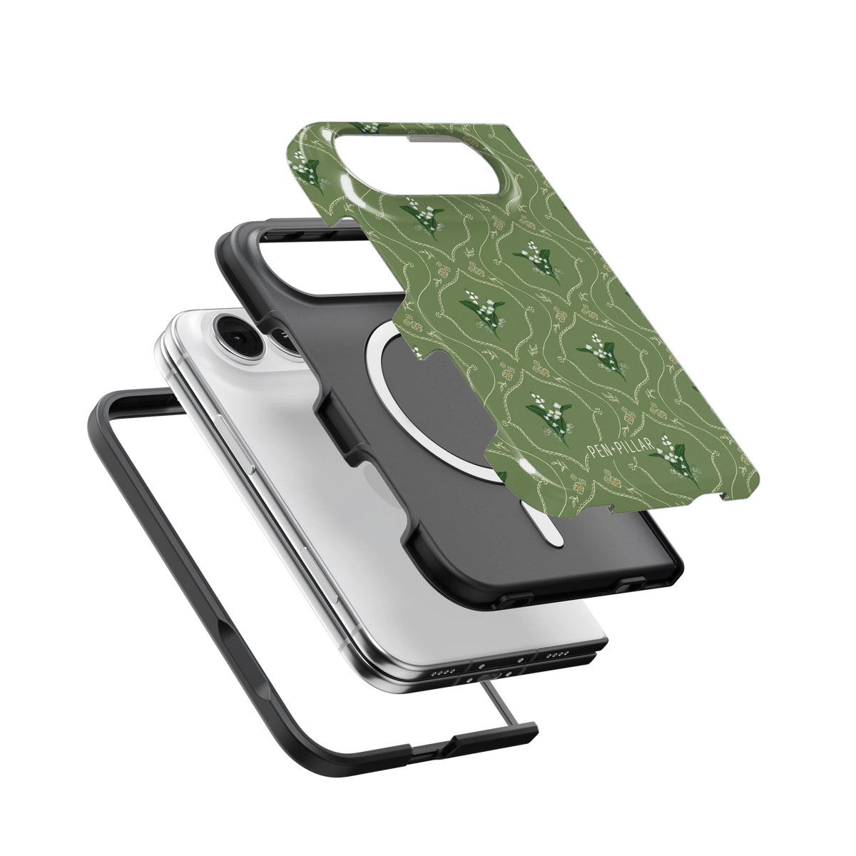 May Birth Month iPhone 18 Duo case, exploded view of the printed shell, black inner layer with MagSafe ring, and phone