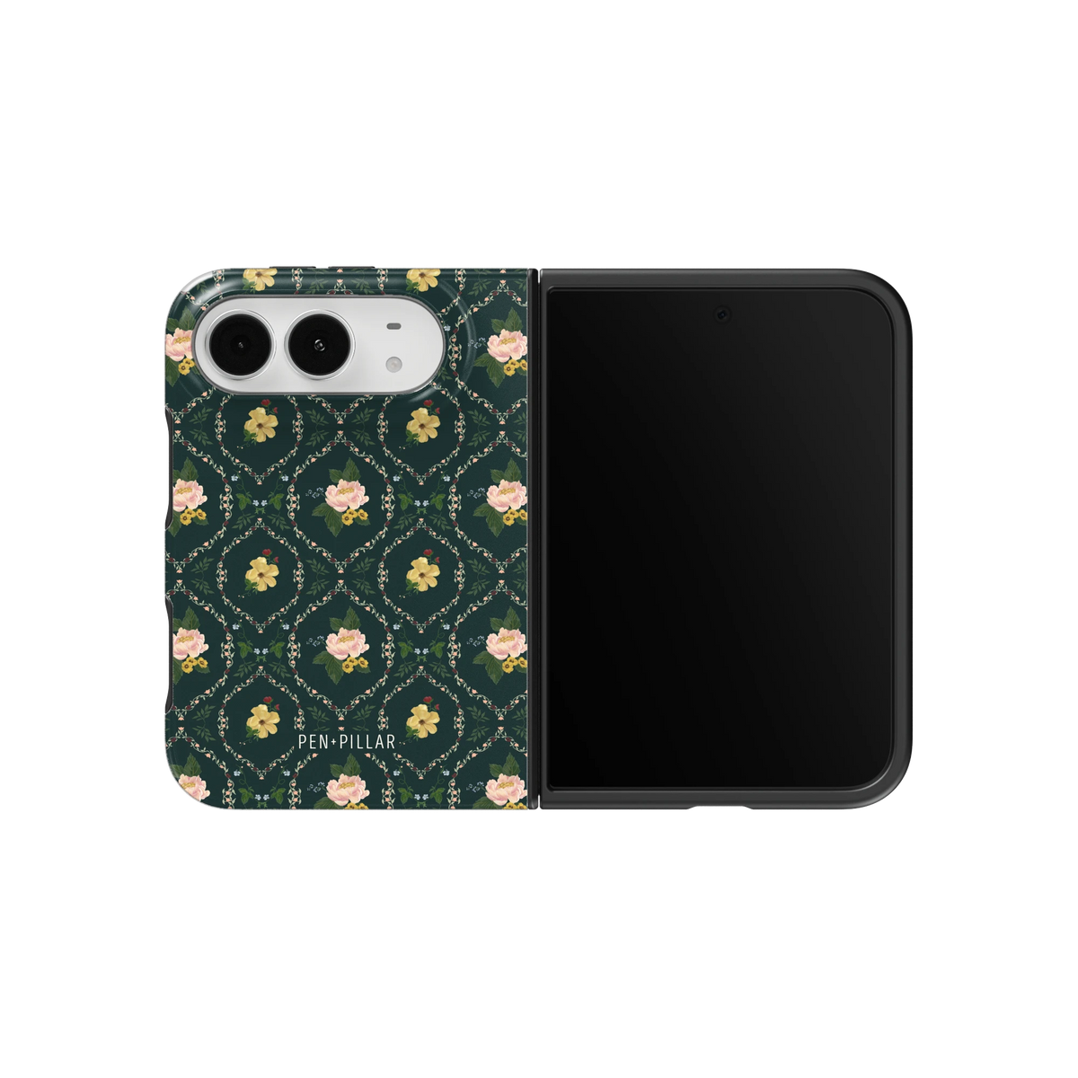 Meadow iPhone 18 Duo case on an unfolded iPhone 18 Duo, back and screen side by side: small yellow and pink flowers in a diamond trellis on deep green