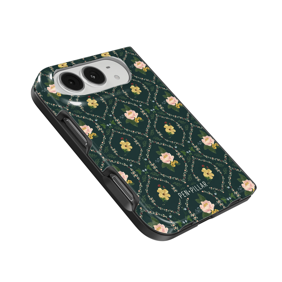 Meadow iPhone 18 Duo case, angled view showing the camera surround and side buttons