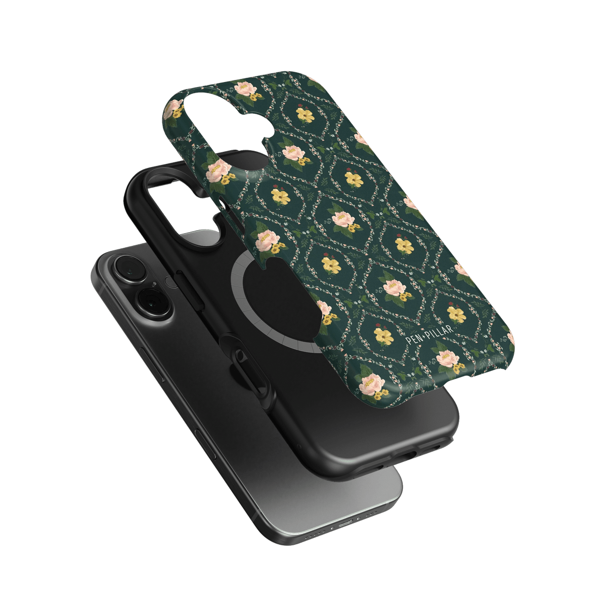 Meadow iPhone case featuring a floral pattern on a dark green background, layered over two black phone cases.