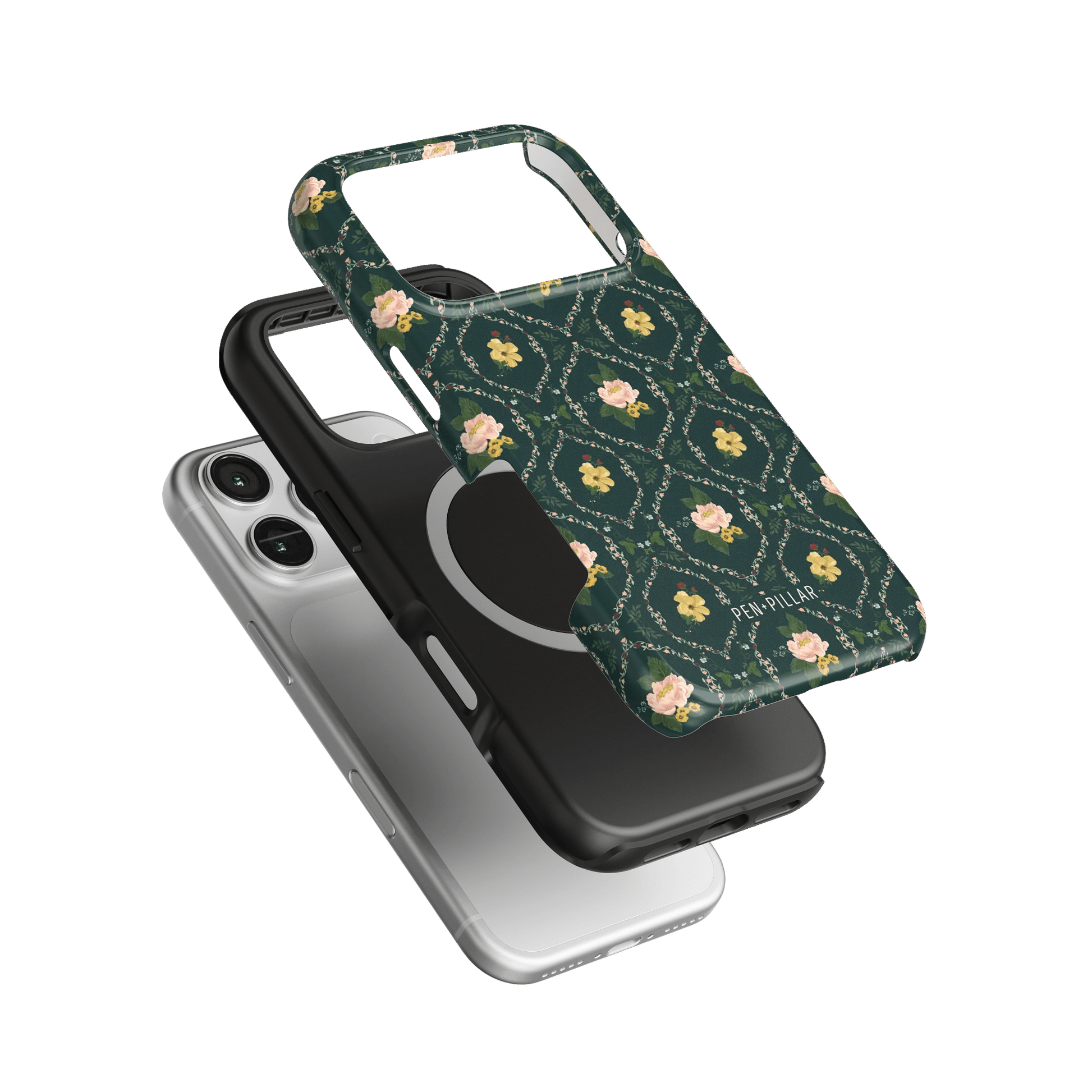 Meadow iPhone case featuring a floral design on a dark green background, layered over black and white cases.