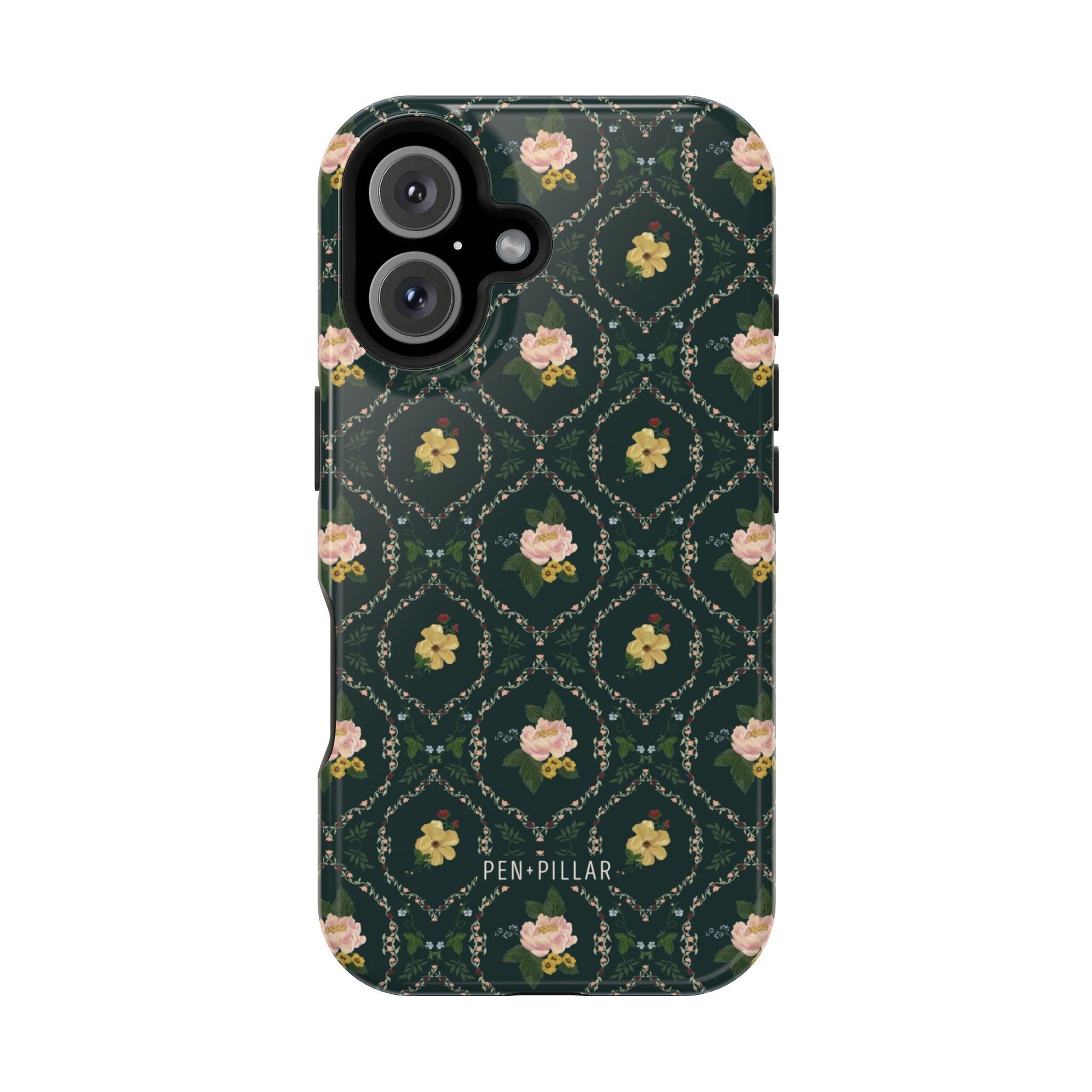 Meadow iPhone case featuring a dark green floral pattern with pink flowers and gold accents.