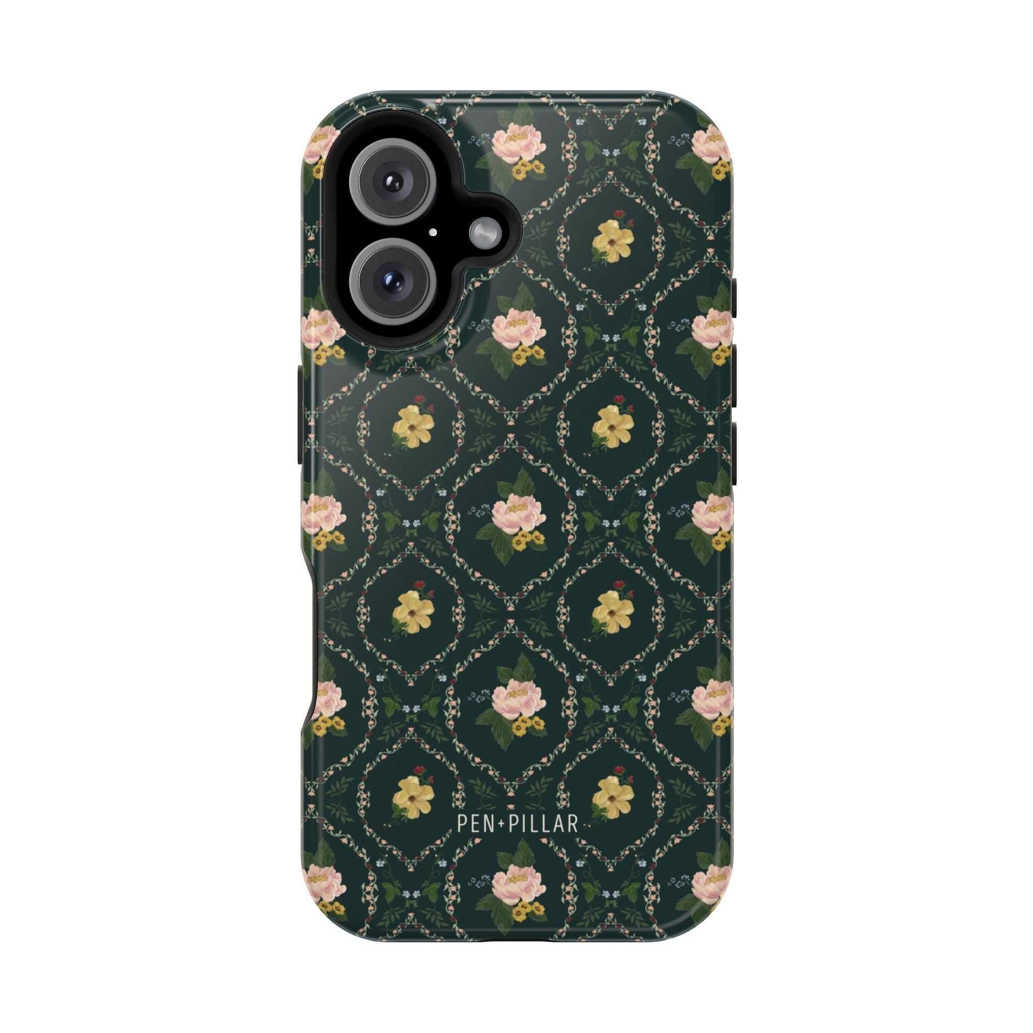 Meadow iPhone case featuring a dark green floral pattern with pink flowers and gold accents.