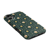 Meadow iPhone case featuring a floral pattern with pink flowers on a dark green background.