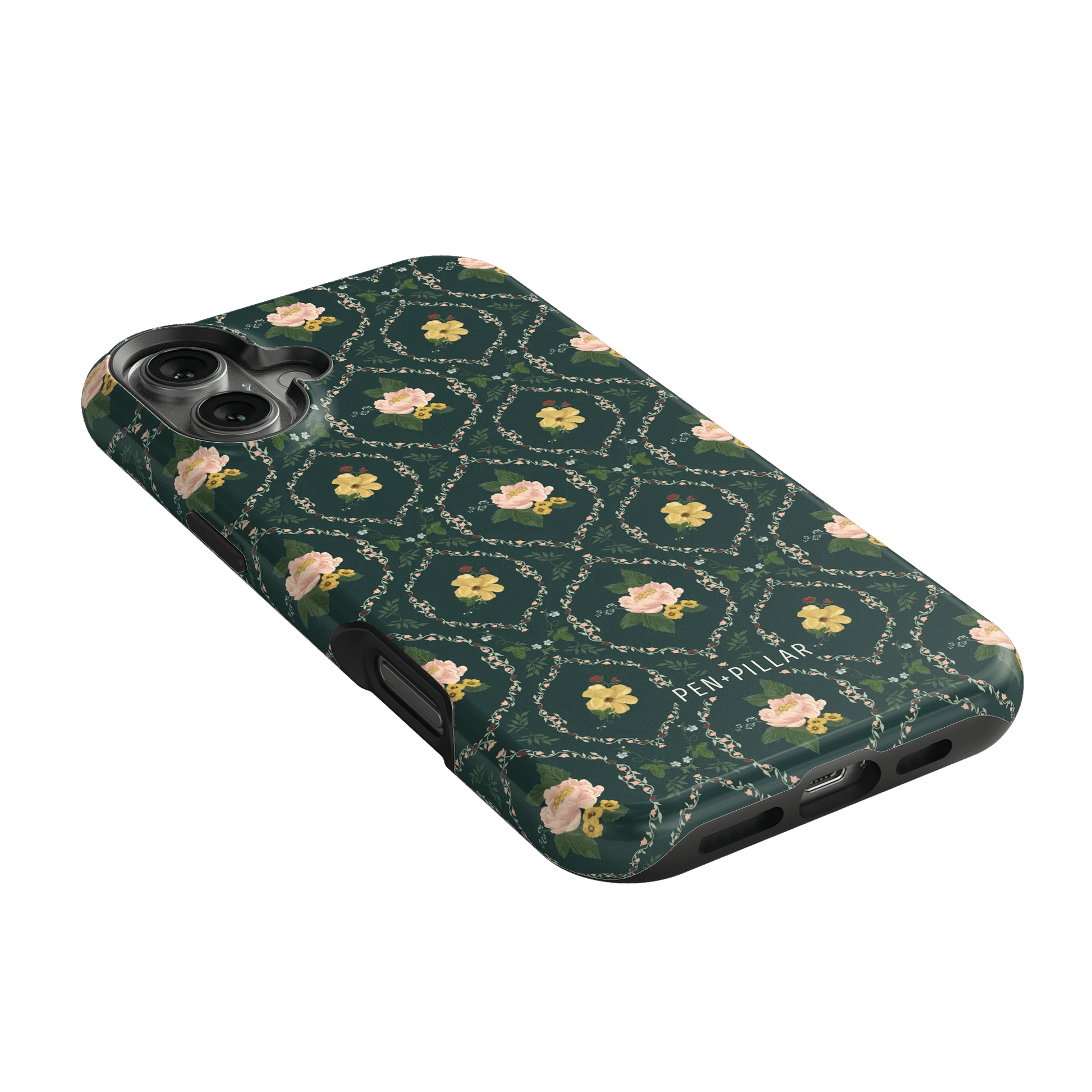 Meadow iPhone case featuring a floral pattern with pink flowers on a dark green background.