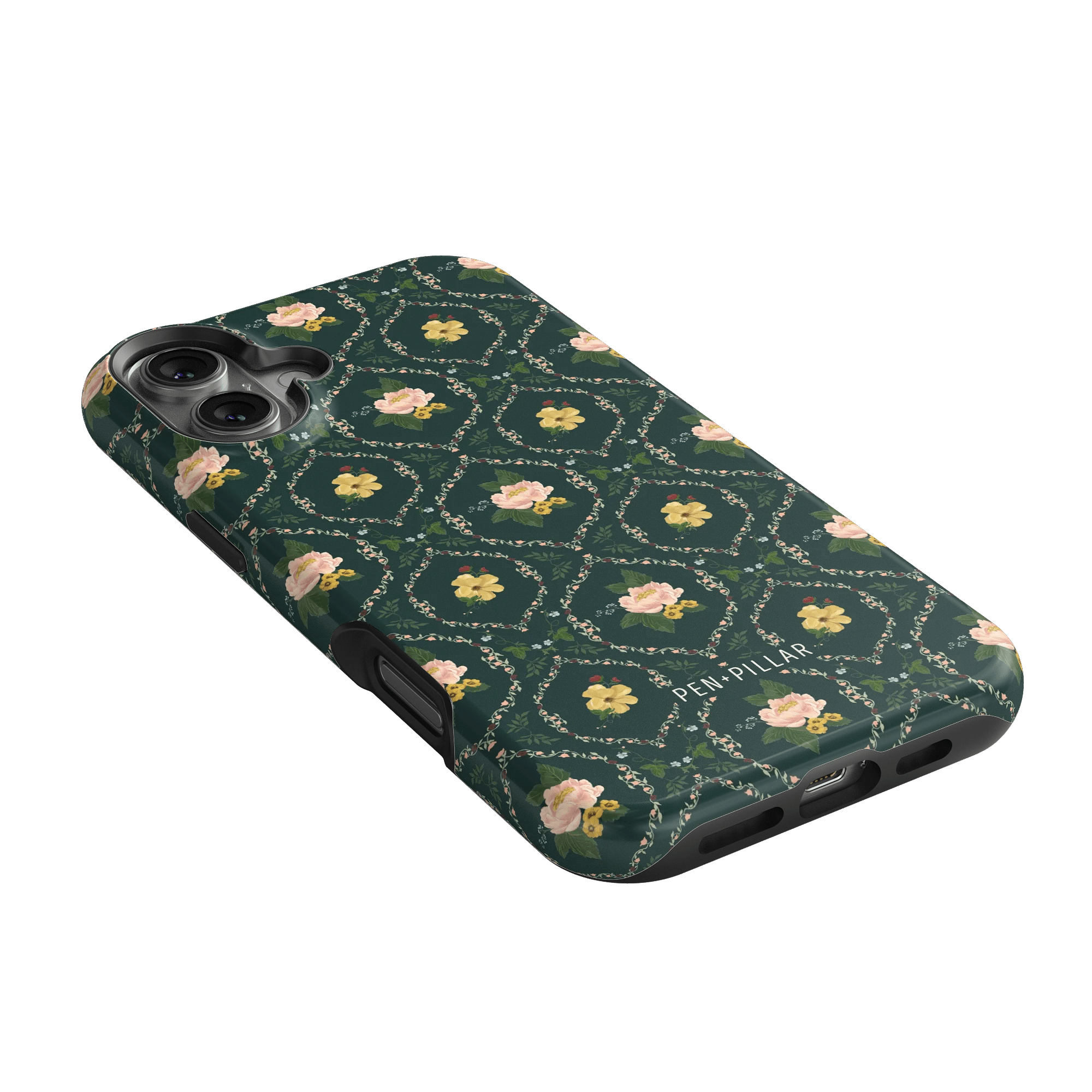 Meadow iPhone case featuring a floral pattern with pink flowers on a dark green background.