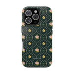 Meadow iPhone case featuring a dark green background with floral patterns and a glossy finish.