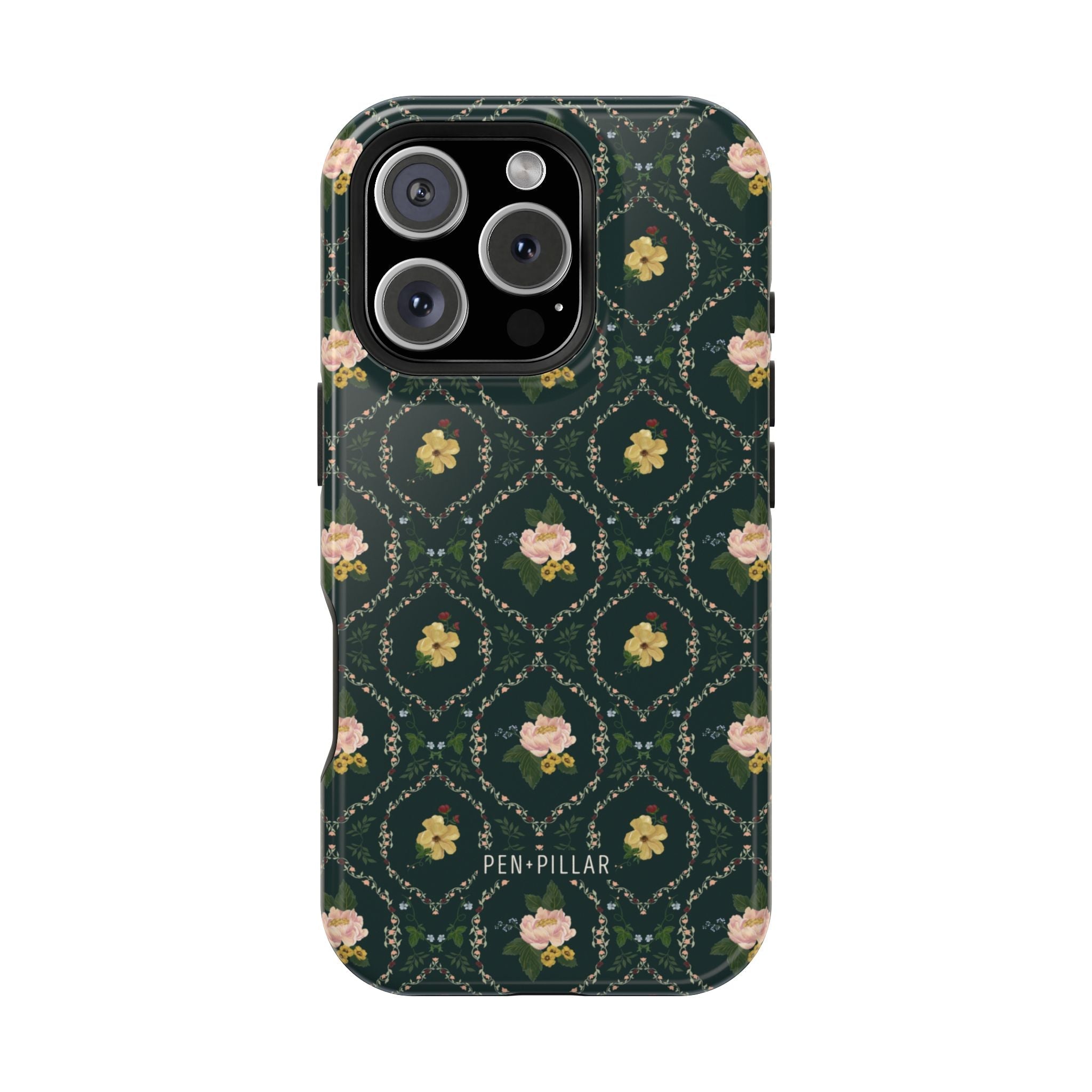 Meadow iPhone case featuring a dark green background with floral patterns and a glossy finish.