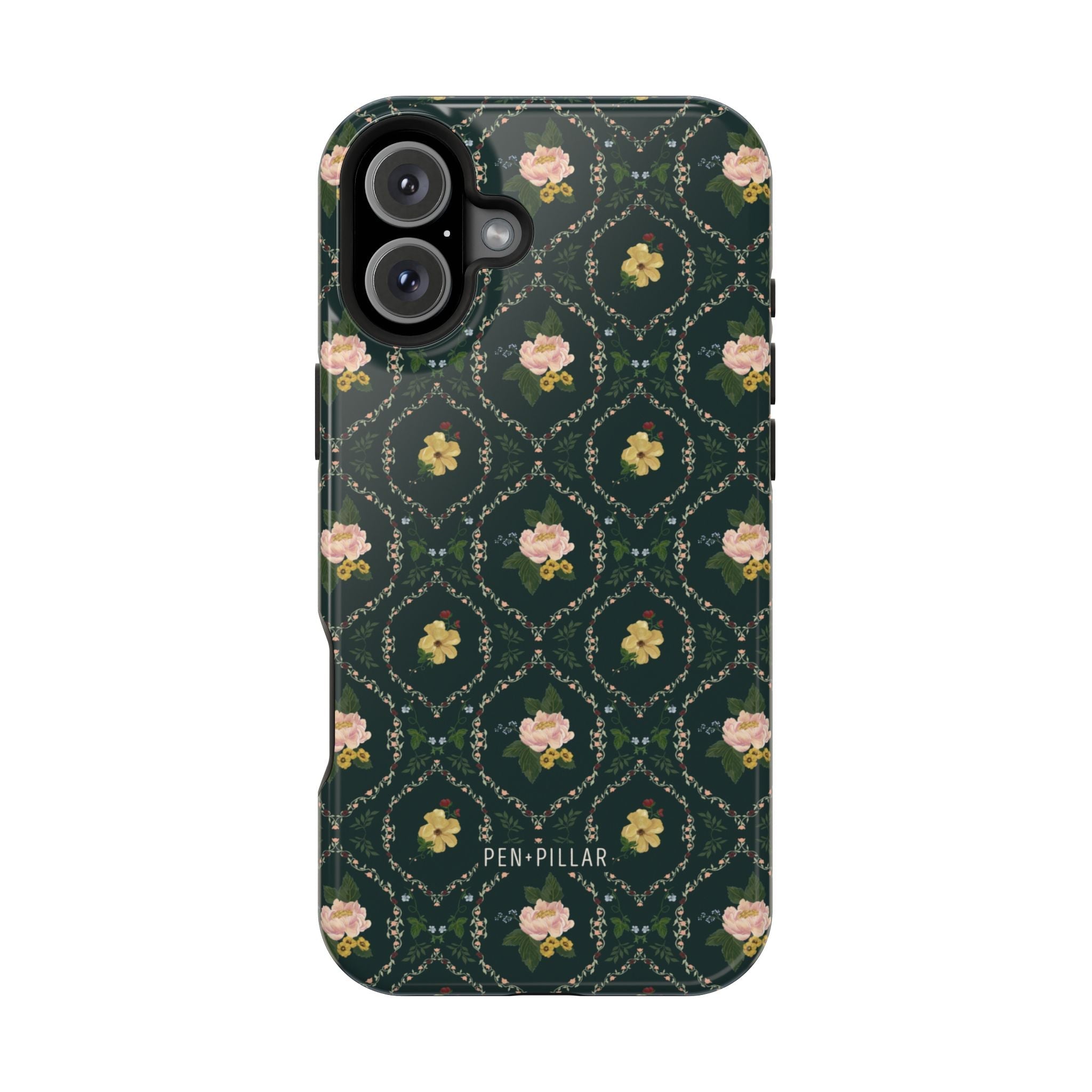 Meadow iPhone case featuring a dark green floral pattern with pink flowers and a textured design.