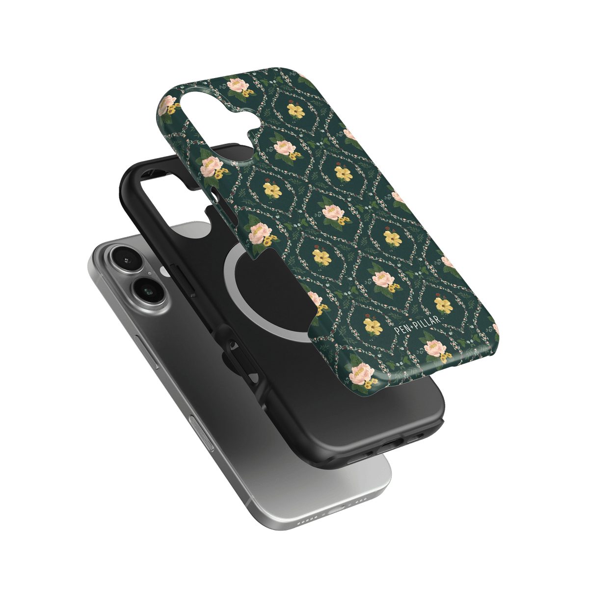 Meadow iPhone case featuring a floral design on a dark green background with a slim profile and textured finish.