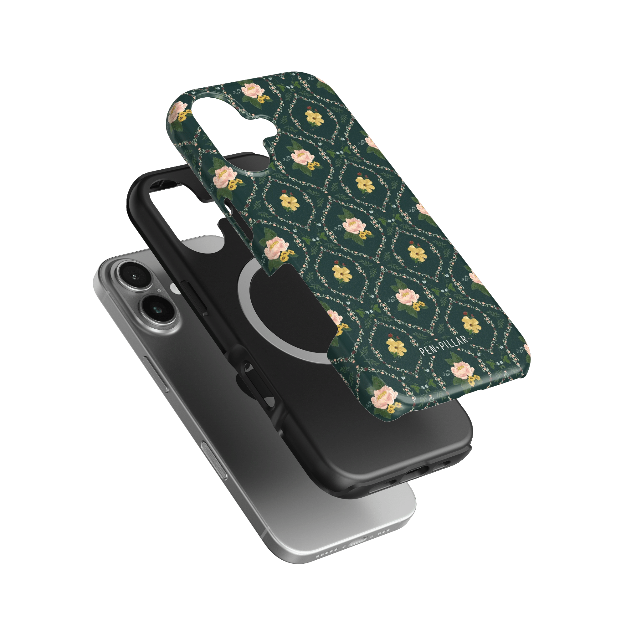 Meadow iPhone case featuring a floral design on a dark green background with a slim profile and textured finish.