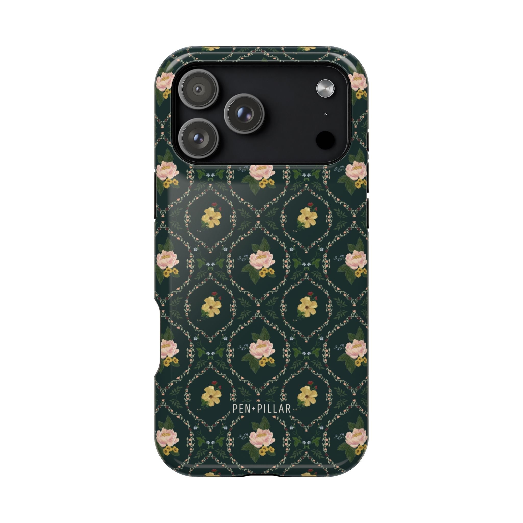 Meadow iPhone case featuring a dark green floral pattern with pink flowers and a glossy finish.
