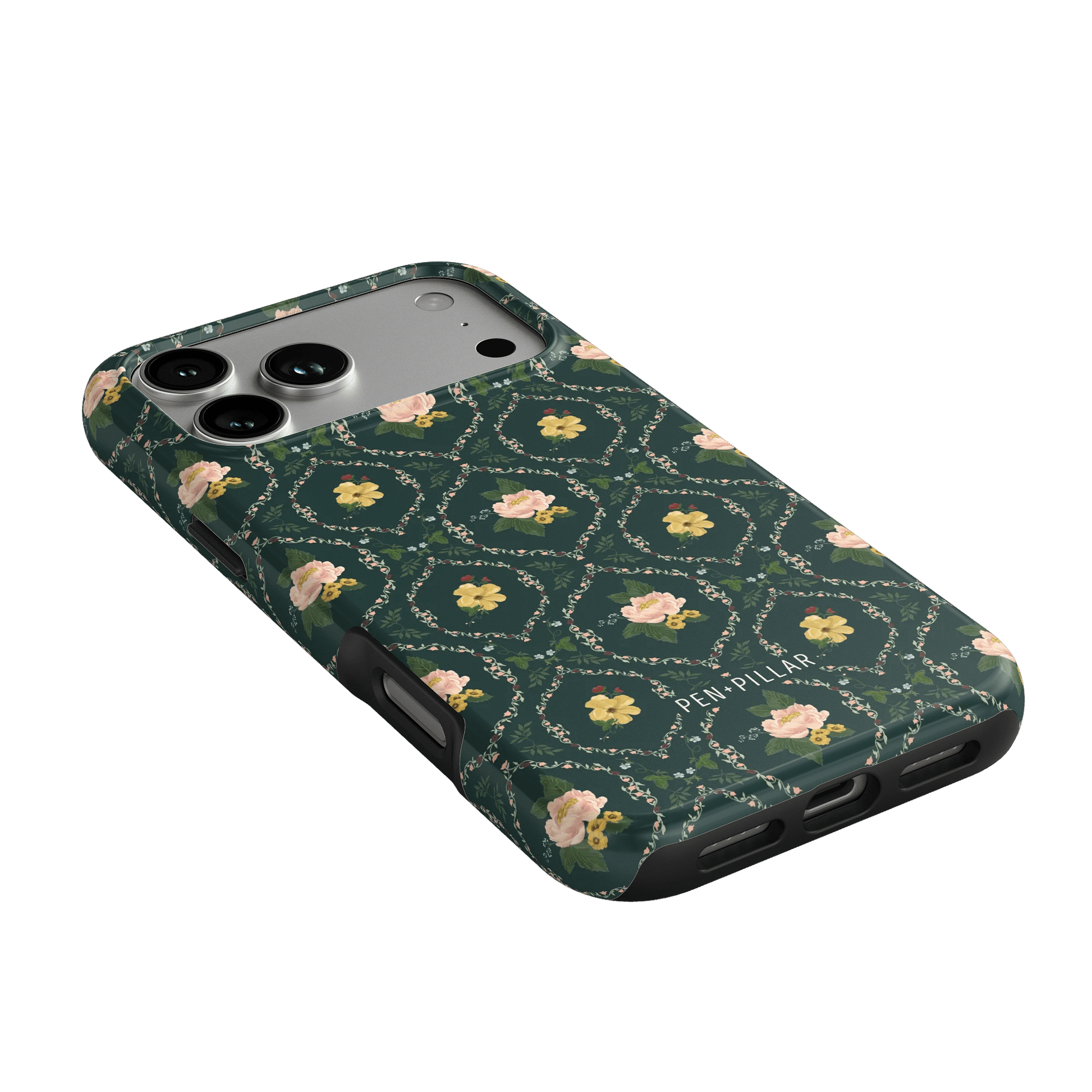Meadow iPhone case featuring a dark green background with floral patterns and a textured finish.