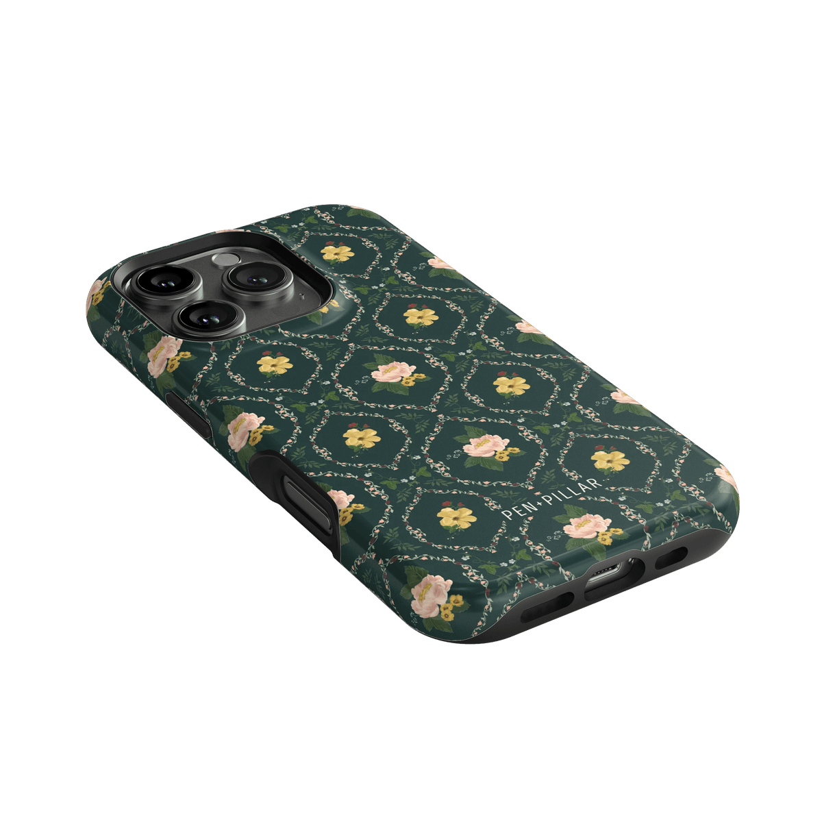 Meadow iPhone case featuring a dark green background with floral patterns and a textured finish.