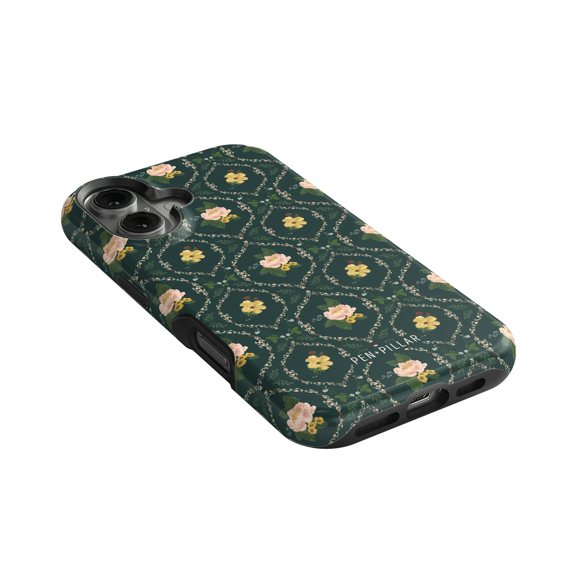 Meadow iPhone case featuring a dark green floral pattern with pink flowers and a textured finish.