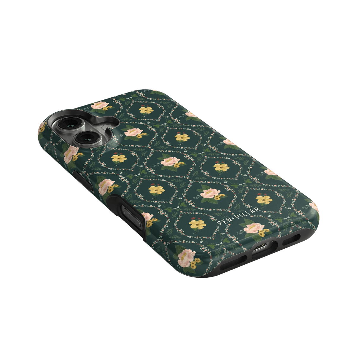 Meadow iPhone case featuring a dark green floral pattern with pink flowers and a textured finish.