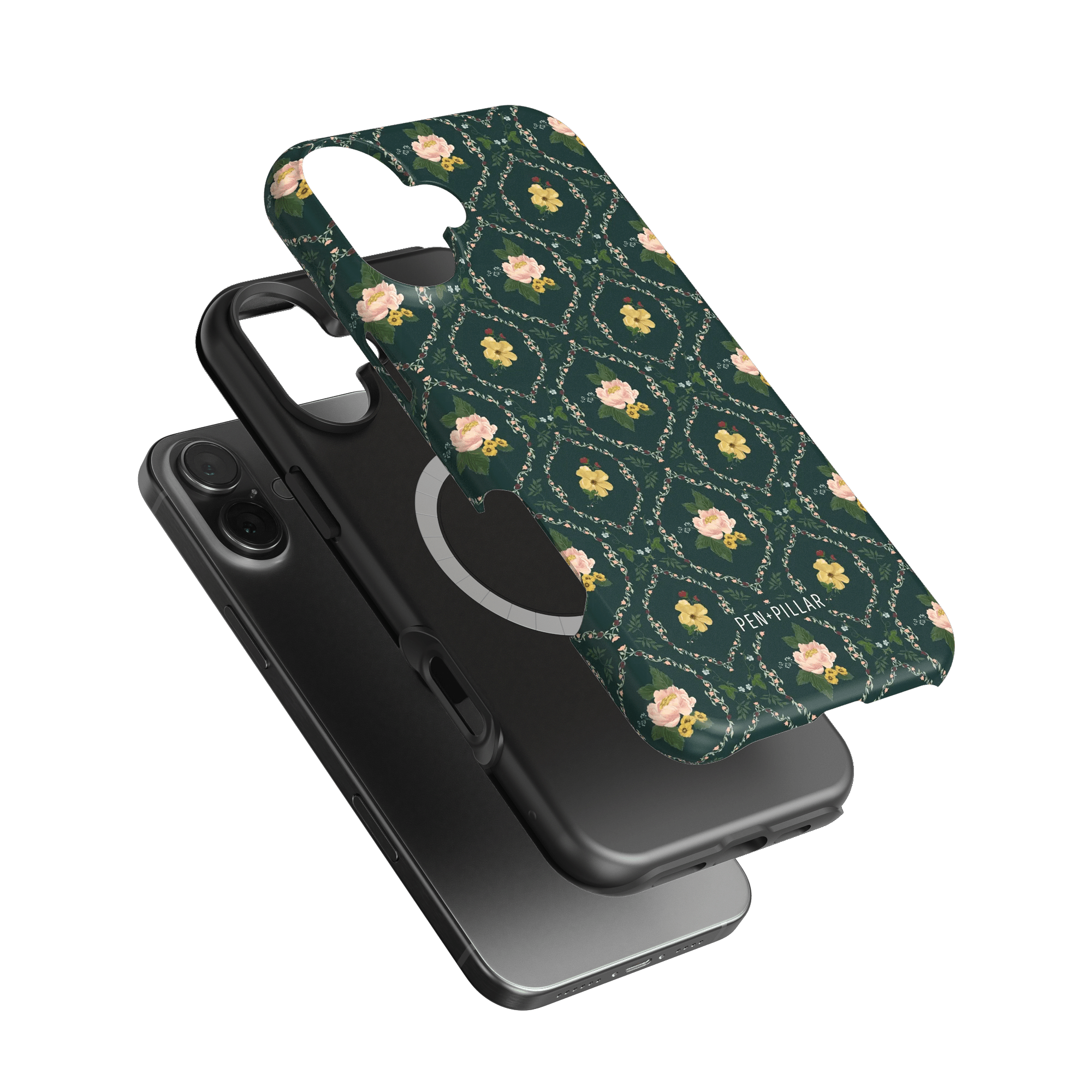 Meadow iPhone case featuring a floral design on a dark green background, layered over a black phone.