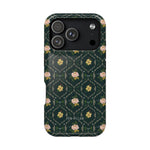 Meadow iPhone case featuring a dark green floral pattern with pink and yellow flowers on a glossy surface.