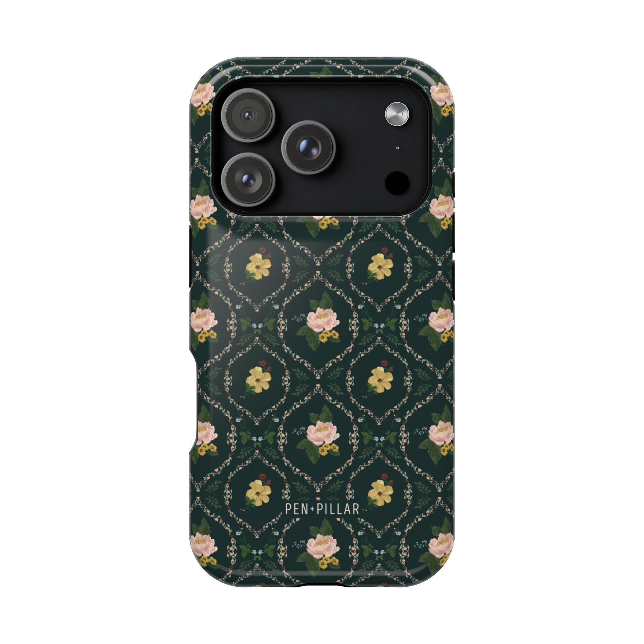 Meadow iPhone case featuring a dark green floral pattern with pink and yellow flowers on a glossy surface.