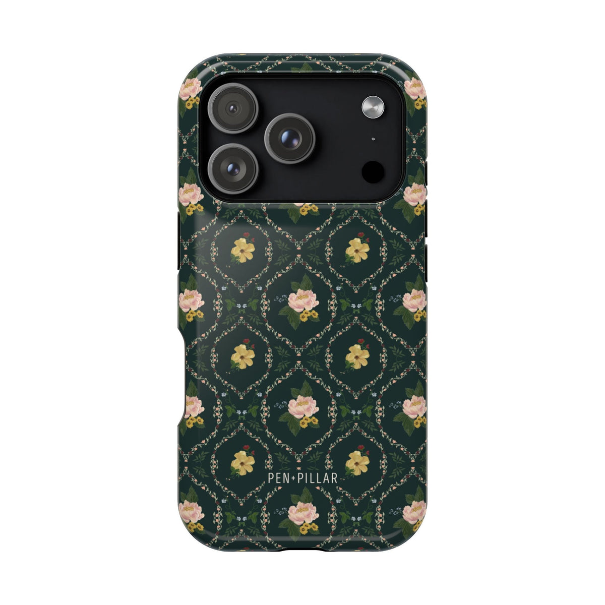 Meadow iPhone case featuring a dark green floral pattern with pink and yellow flowers on a glossy surface.