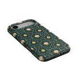 Meadow iPhone case featuring a floral pattern with pink roses on a dark green background.