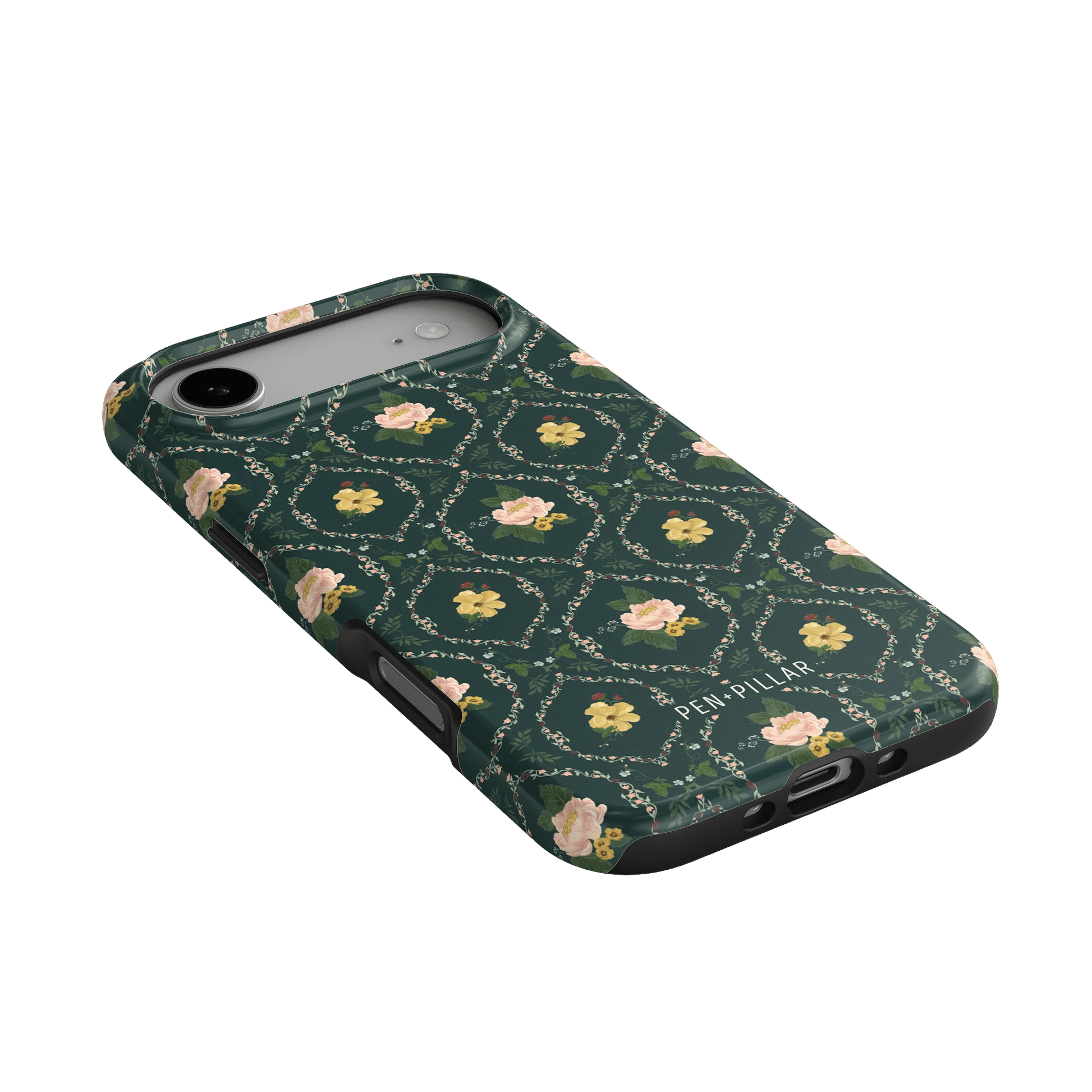 Meadow iPhone case featuring a floral pattern with pink roses on a dark green background.