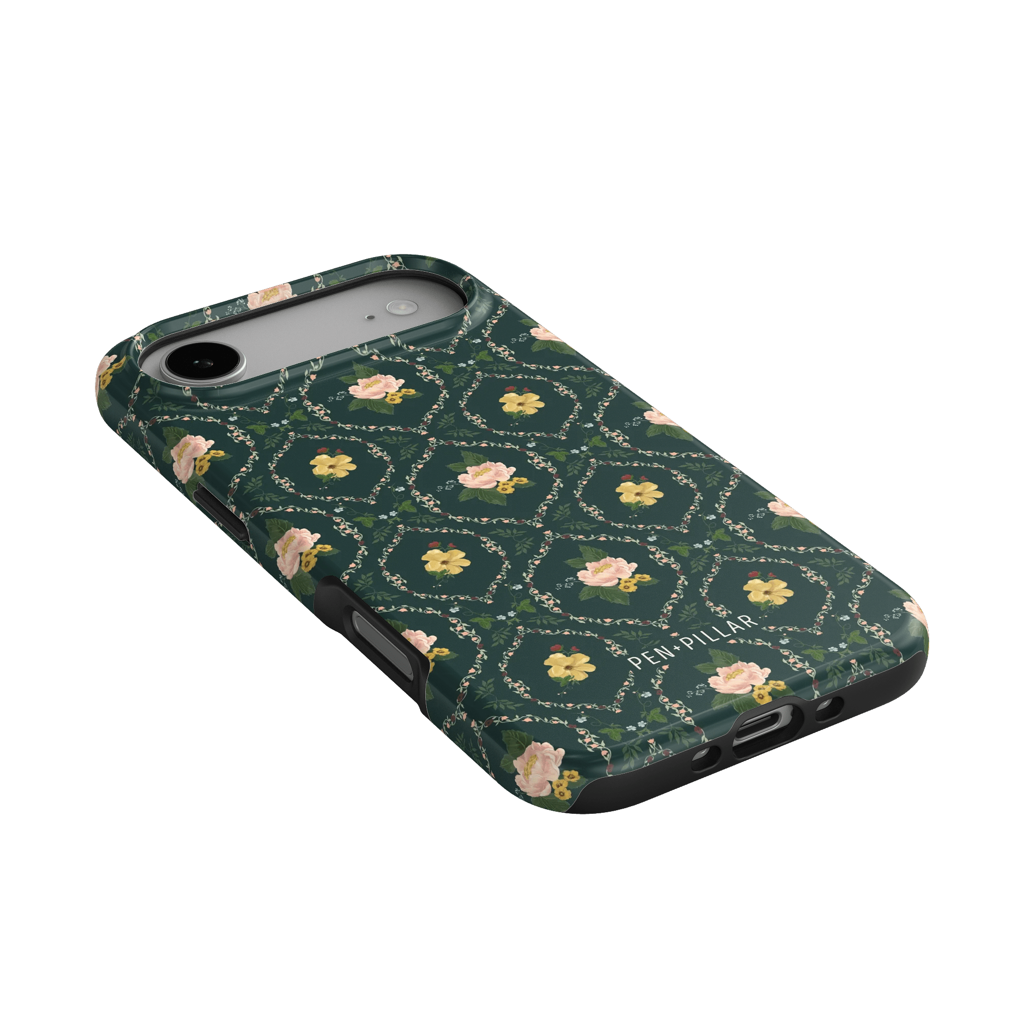 Meadow iPhone case featuring a floral pattern with pink roses on a dark green background.