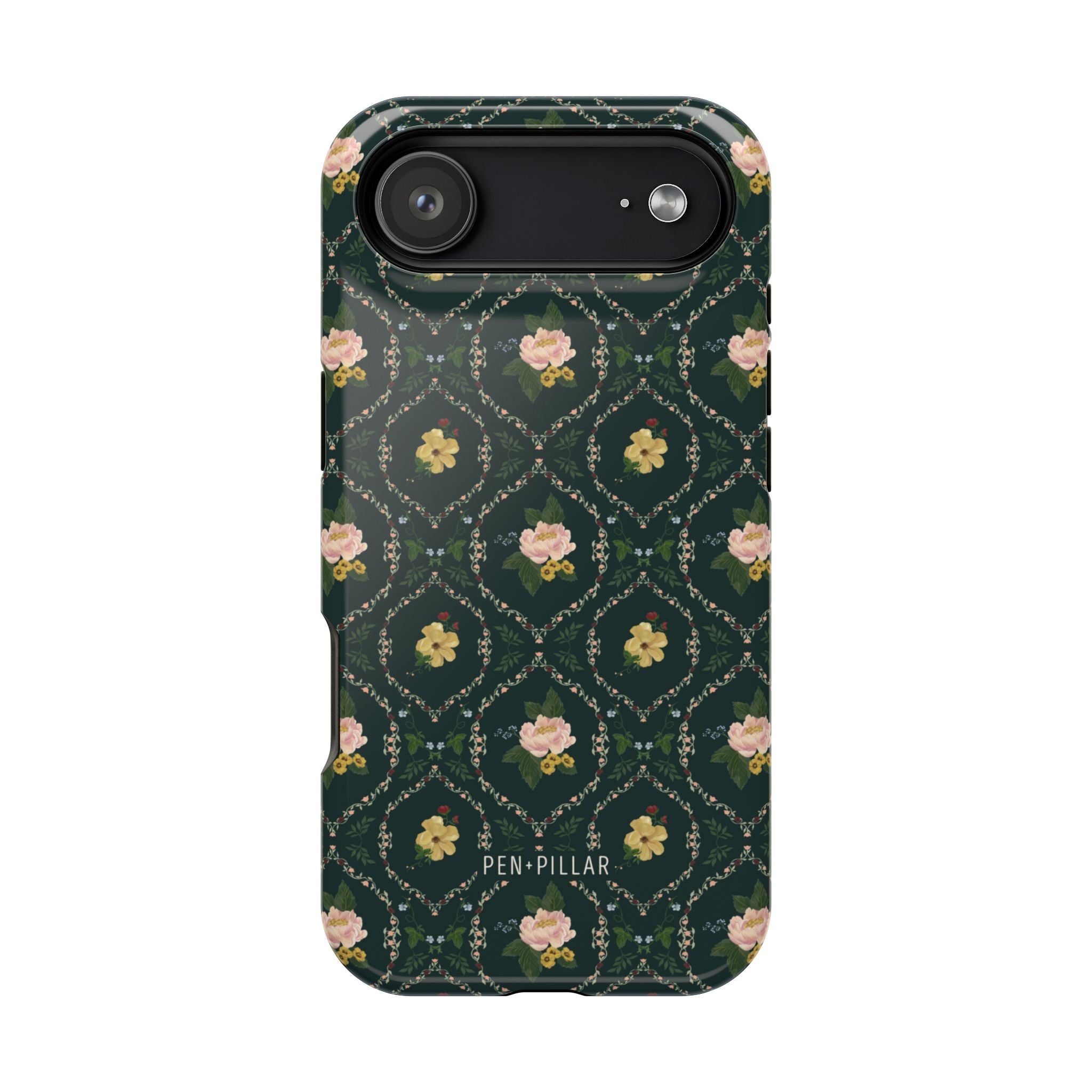Meadow iPhone case featuring a dark green floral pattern with pink and yellow flowers on a textured background.