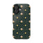 Meadow iPhone case featuring a floral pattern with pink and yellow flowers on a dark green background.
