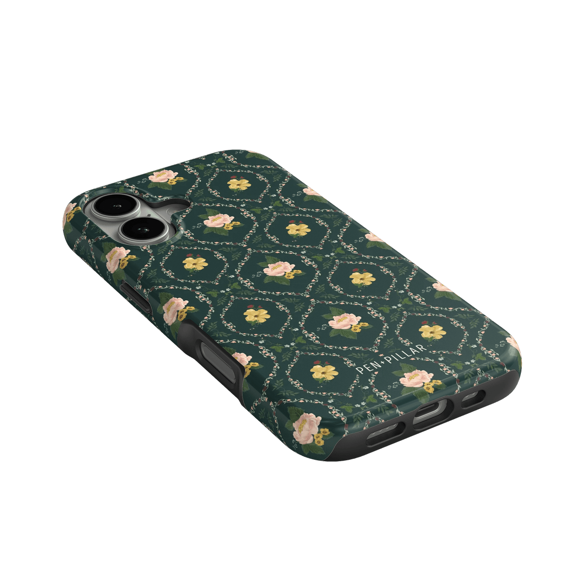 Meadow iPhone case featuring a dark green floral pattern with pink roses and a textured finish.