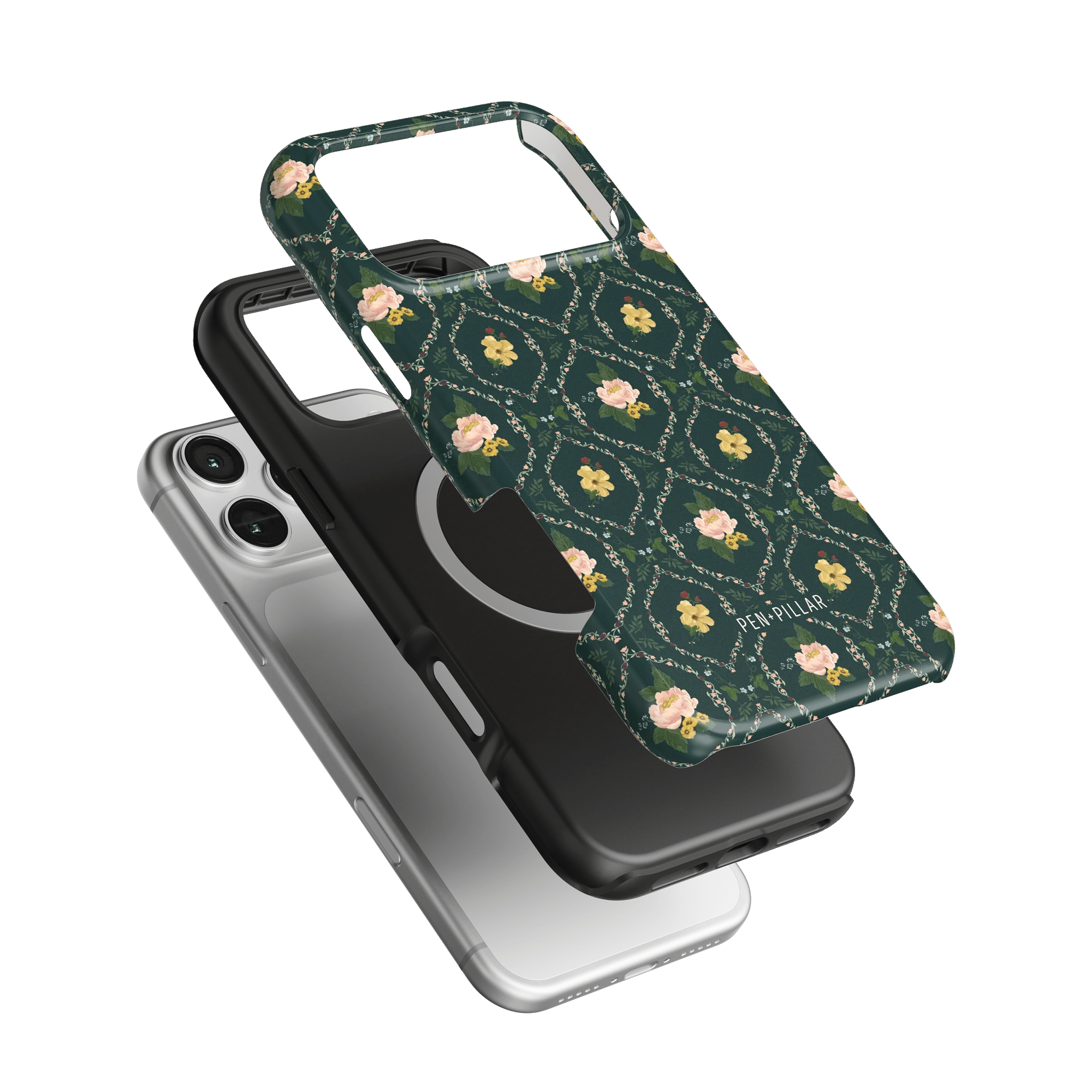 Meadow iPhone case featuring a floral design on a dark green background, stacked with a black and clear case.