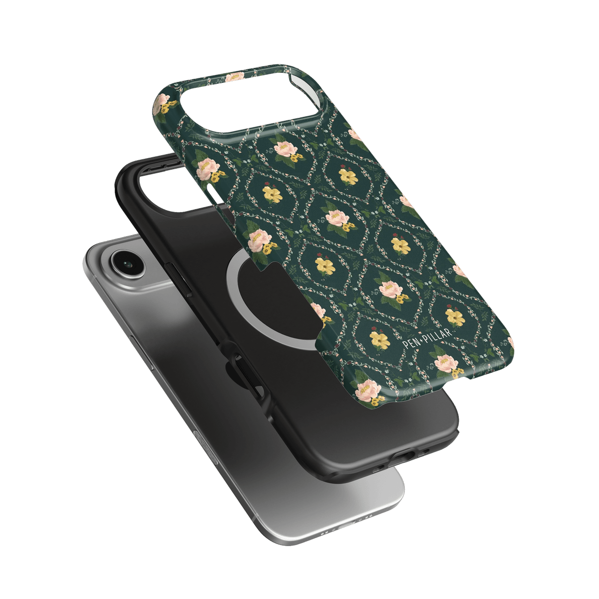 Meadow iPhone case featuring a floral design in green and yellow, layered over a black phone case.