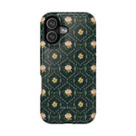 Meadow iPhone case featuring a floral pattern with pink flowers on a dark green background.