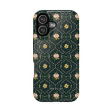 Meadow iPhone case featuring a floral pattern with pink flowers on a dark green background.