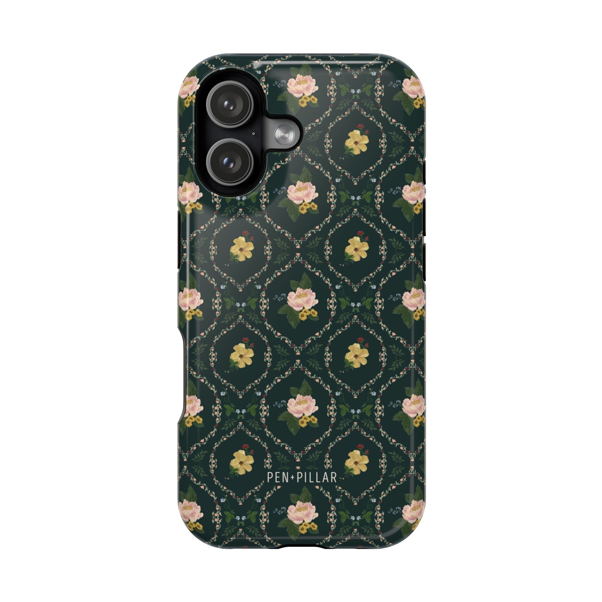 Meadow iPhone case featuring a floral pattern with pink flowers on a dark green background.