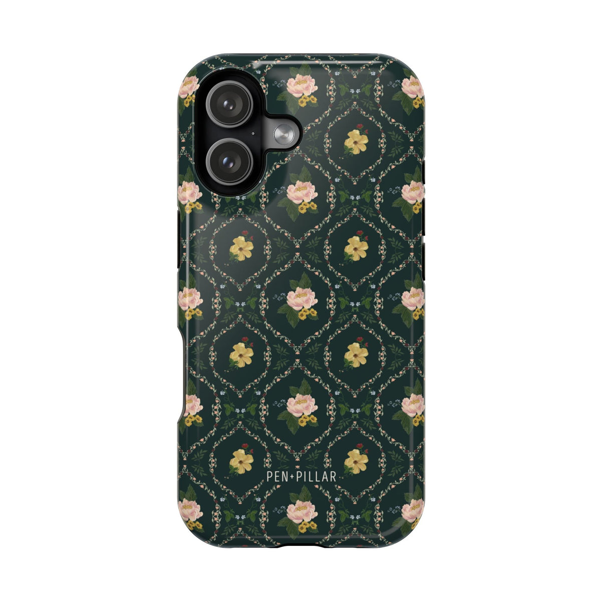 Meadow iPhone case featuring a floral pattern with pink flowers on a dark green background.