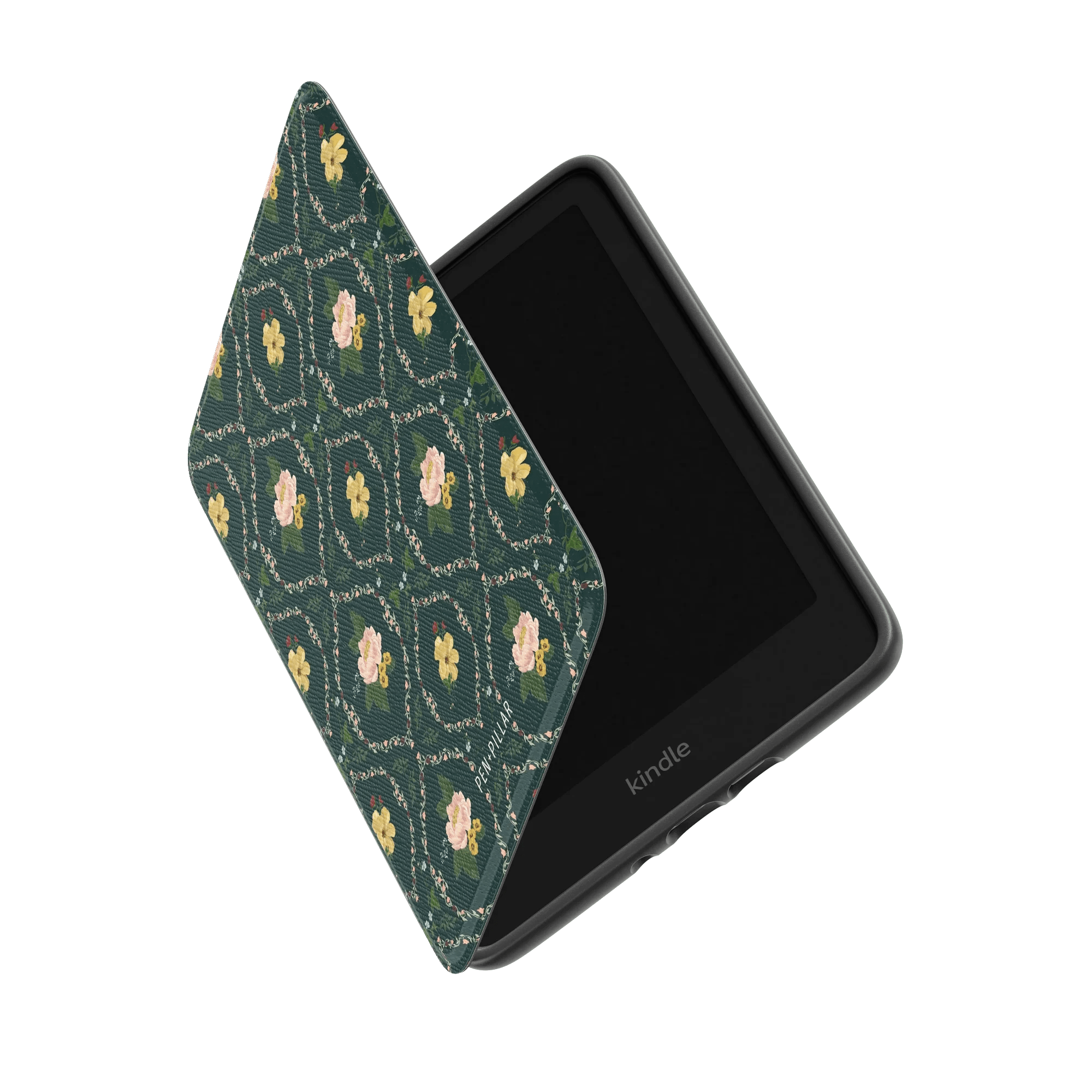 Meadow Kindle case featuring a floral pattern on a green background, partially open to reveal the device inside.