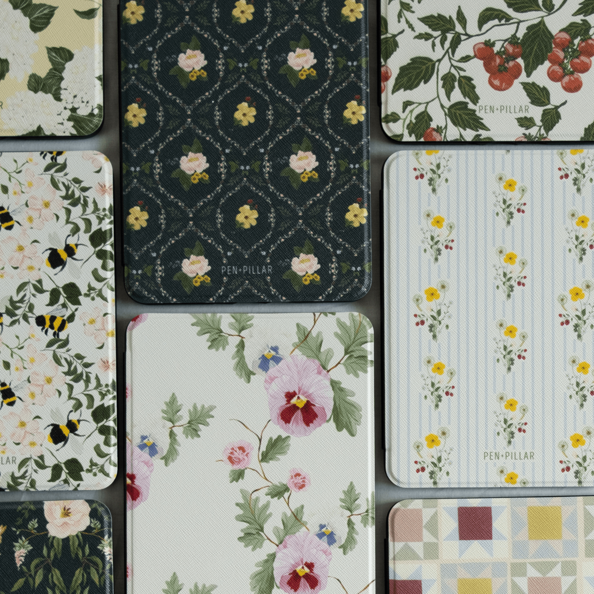 Meadow Kindle case featuring floral patterns in various colors, arranged in a grid layout.