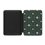 Meadow Kindle case with a dark green floral pattern and a textured black interior, open at an angle.