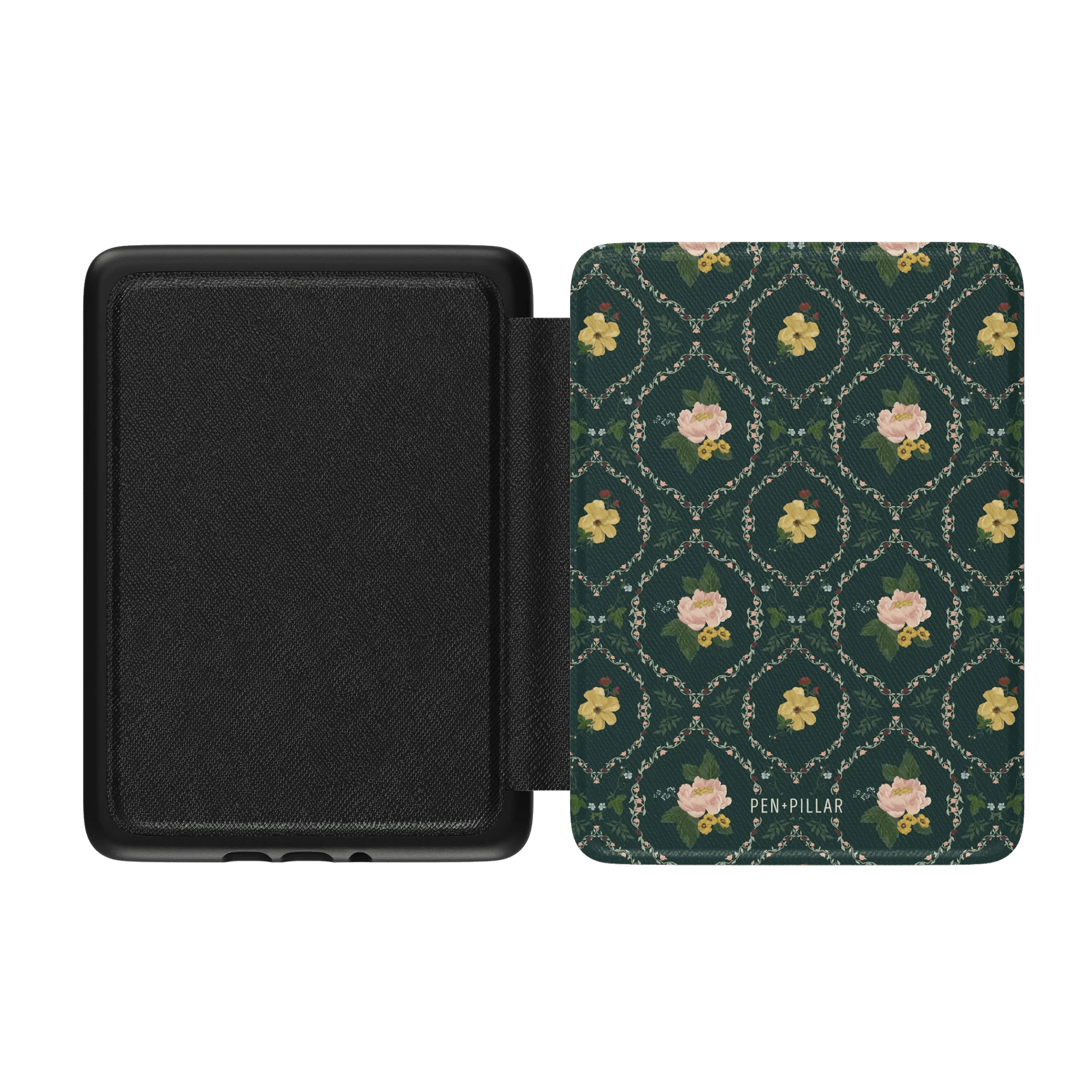 Meadow Kindle case with a dark green floral pattern and a textured black interior, open at an angle.