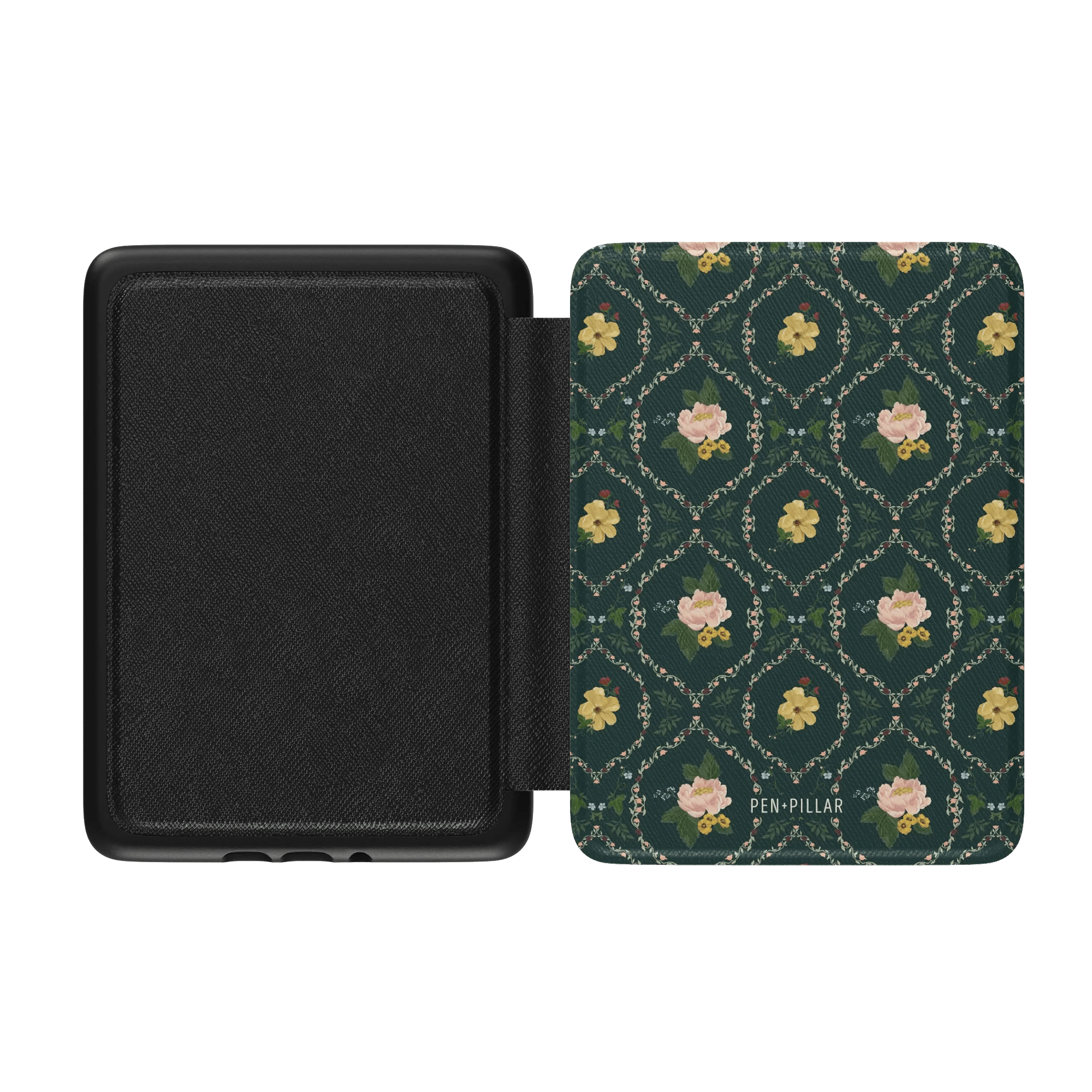 Meadow Kindle case with a dark green floral pattern and a textured black interior, open at an angle.