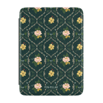Meadow Kindle case featuring a dark green floral pattern with yellow and pink flowers on a textured background.
