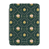 Meadow Kindle case featuring a dark green floral pattern with yellow and pink flowers on a textured background.
