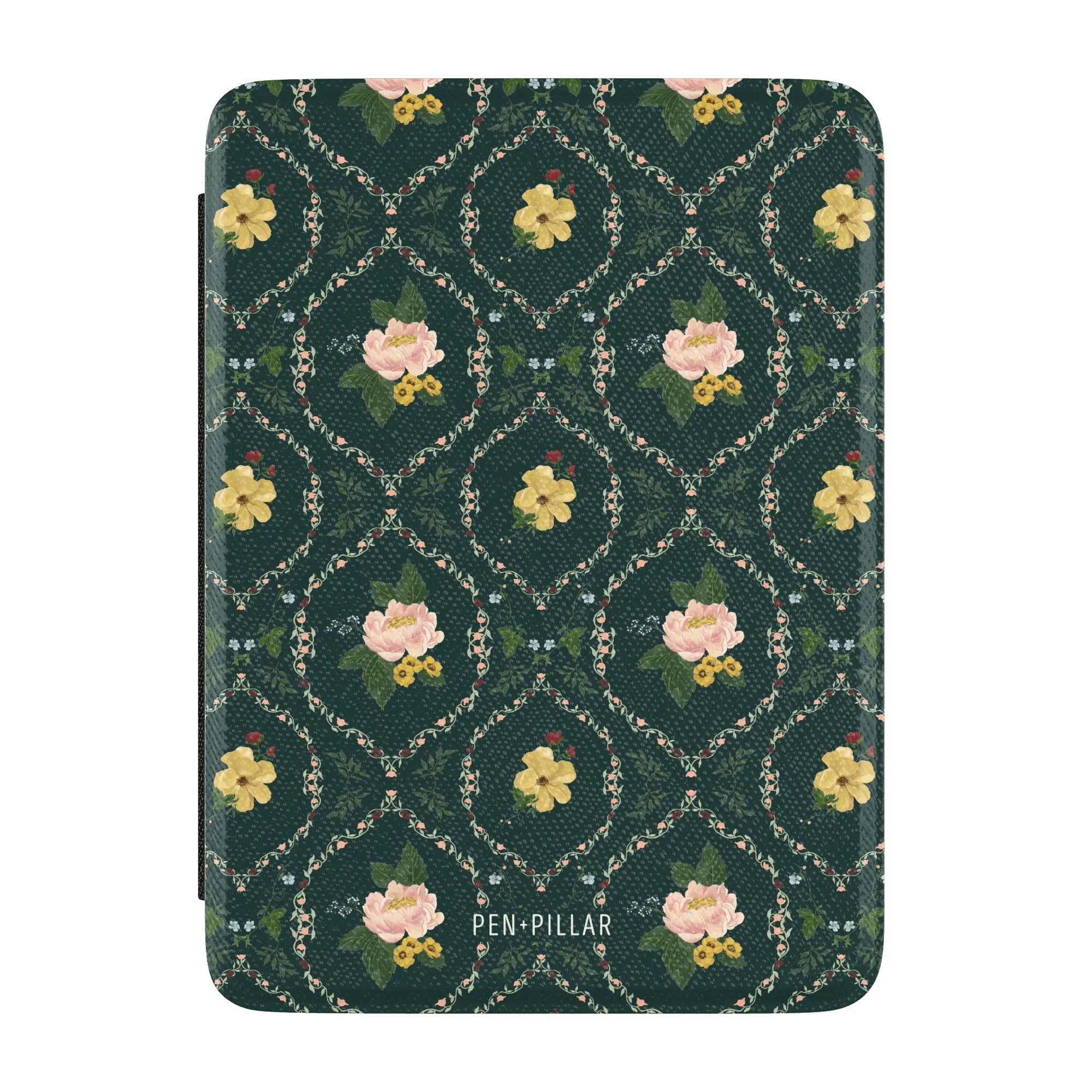 Meadow Kindle case featuring a dark green floral pattern with yellow and pink flowers on a textured background.