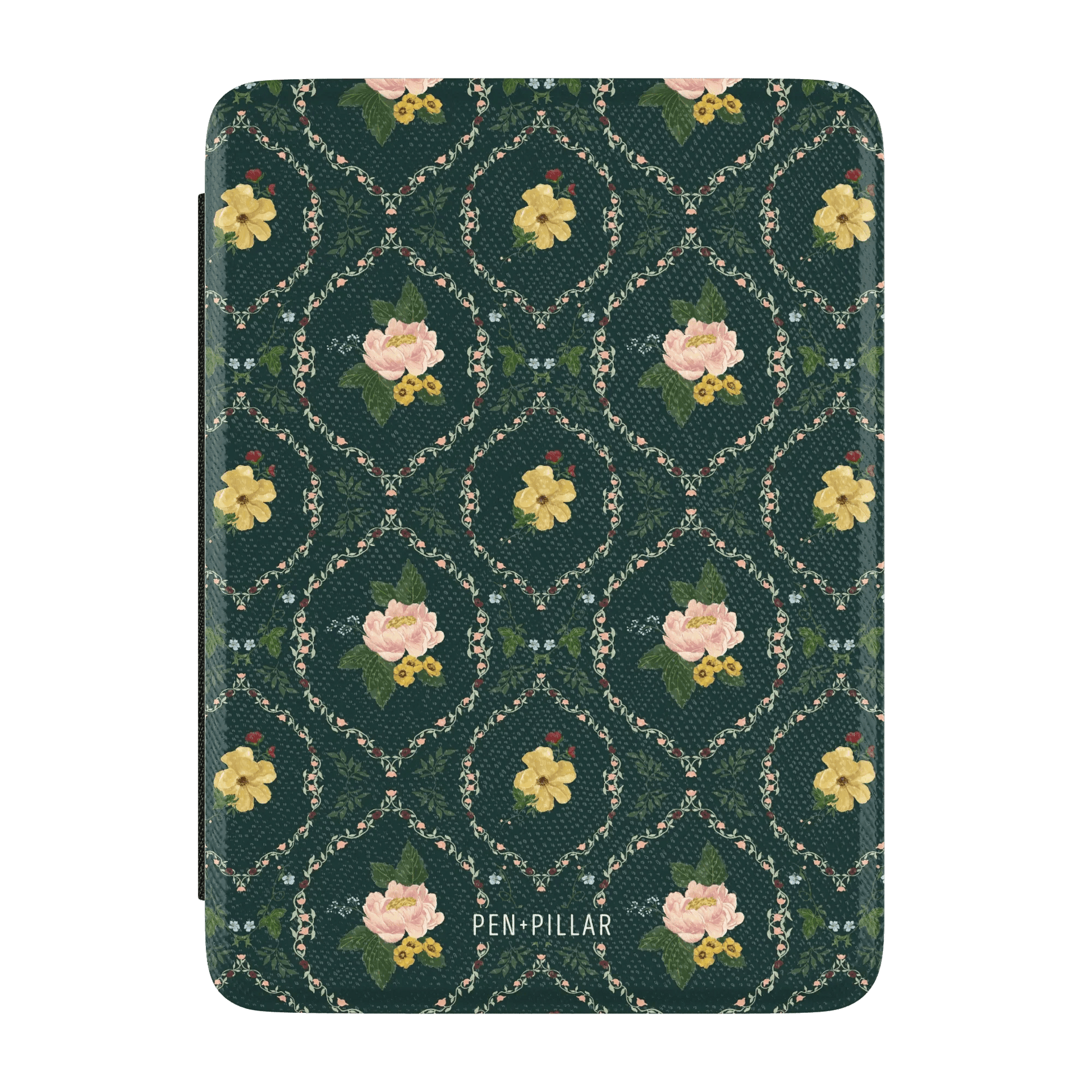 Meadow Kindle case featuring a dark green floral pattern with yellow and pink flowers on a textured background.