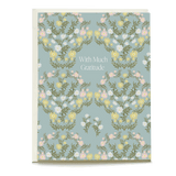 Meadow thank you card featuring floral patterns in pastel colors with the text "With Much Gratitude" in the center.